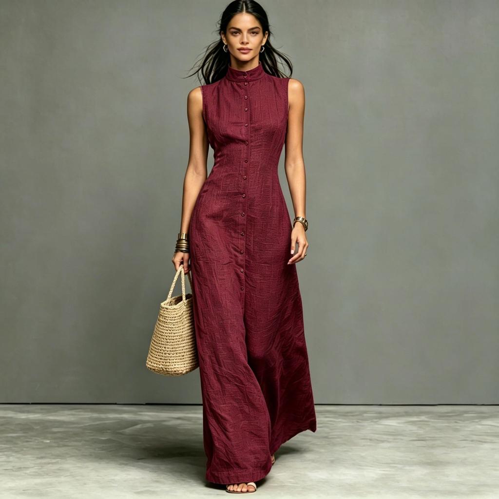 Damen ärmelloses Maxikleid mit hohem Kragen und Knöpfen, einfarbig, lässig, locker sitzend, Sommerkleid