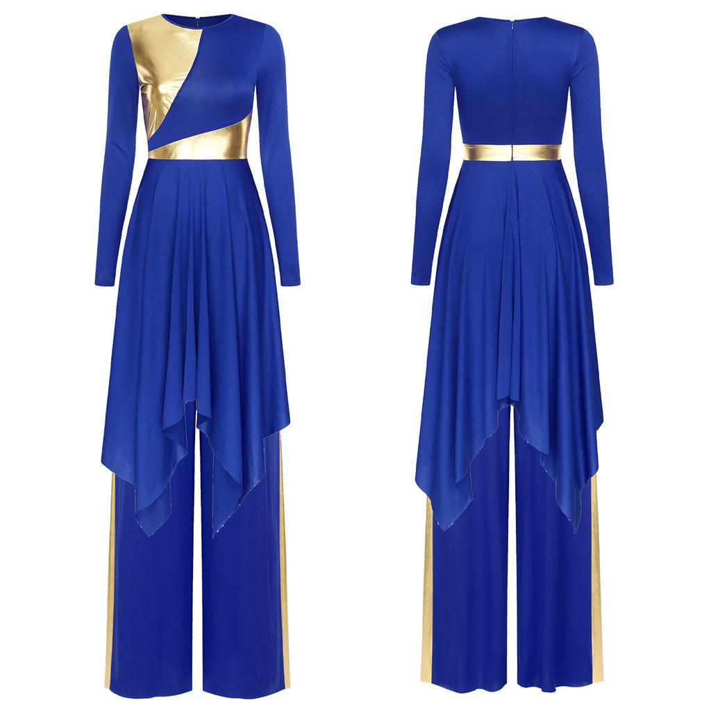 Ladies Long Sleeve Liturgical Dance Dress Metallic Color Block Irregular Hem Wide Leg Pants Church Worship Wear