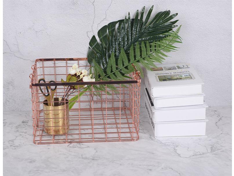 Rose Gold Large Iron Art Storage Basket with Handle - Desktop and Kitchen Organizer