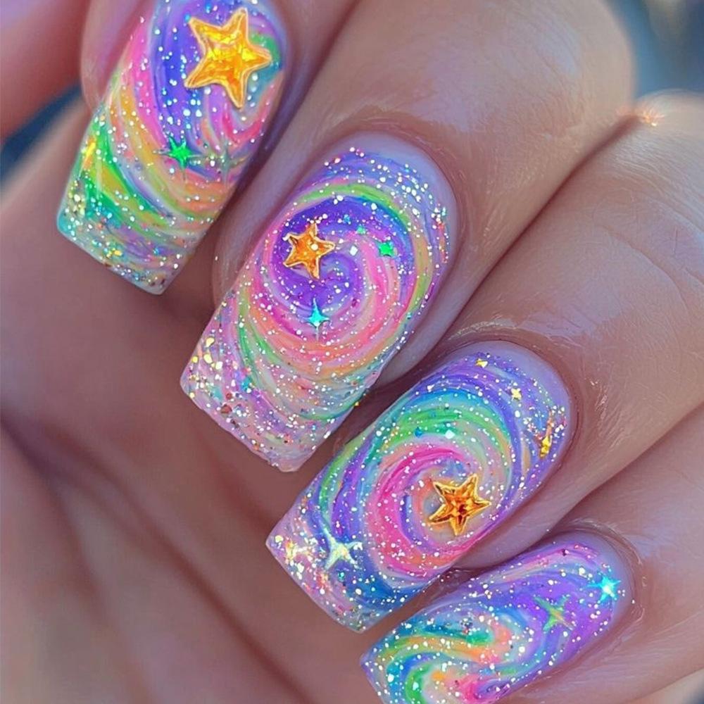 Summer Sweetheart Handmade Short Coffin Press On Nails Dreamy Stars Moon Colorful Cute Fake Nails For Girls