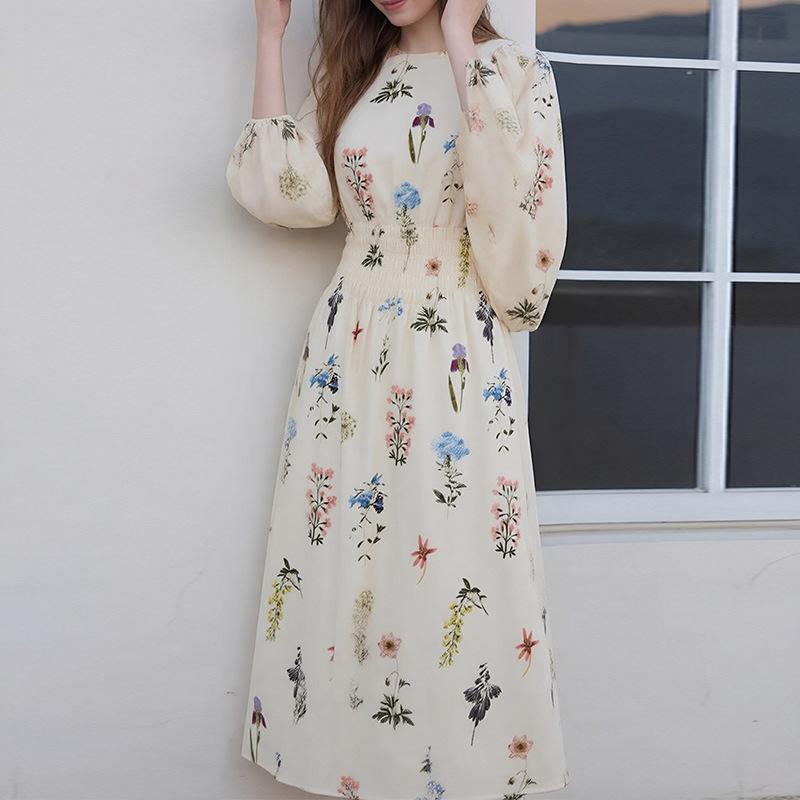 2026 Spring Retro Polka Dot V-neck Puff Sleeve Long Skirt Set for Women M