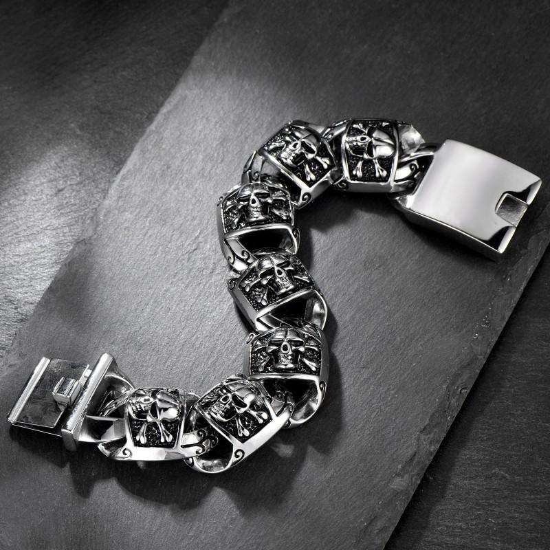 Stainless Steel Skull Bracelet Men Punk Hip Hop Style Geometric Biker Accessory Adjustable 22.5cm Polished
