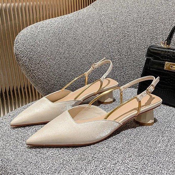 Coarse heel bag head sandals new one-word buckle temperament pointed fashion middle heel empty sandals women