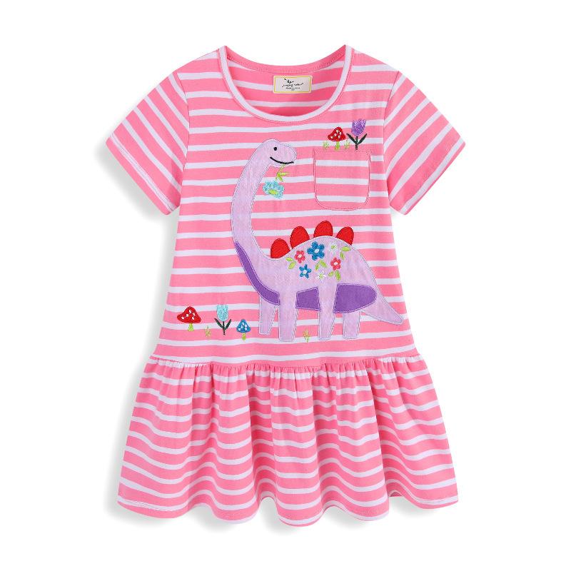 Spring-Summer Dinosaur Embroidery Knit Dress: Short Sleeve Girls European-American Style 7T (Height 120-130 cm)