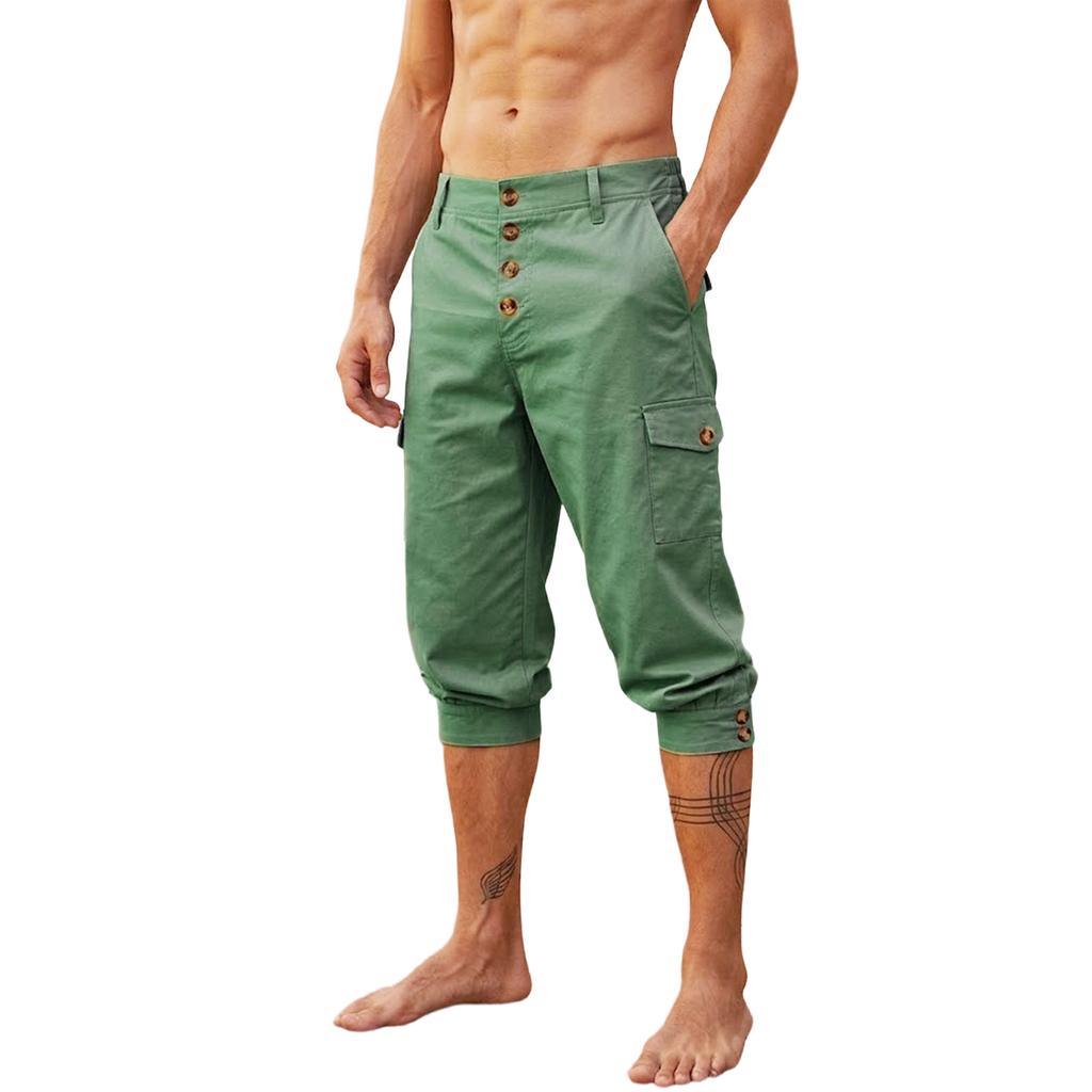 Men’s Casual Loose Fit Capri Pants Button Fly Cropped Trousers with Pockets Lightweight Breathable Design for Everyday Wear