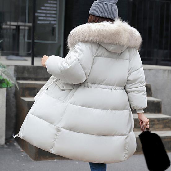 Dámská zimní bunda s chlupatou kapucí Zesílený vycpaný péřový kabát Stahovací šňůrka v pase Zip Zapínání ve střední délce větruodolný Bavlněný kabát do chladného počasí