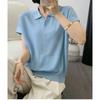 Women Summer New Polo Collar Button V Neck Short Sleeve Ribbed Knit Casual Top