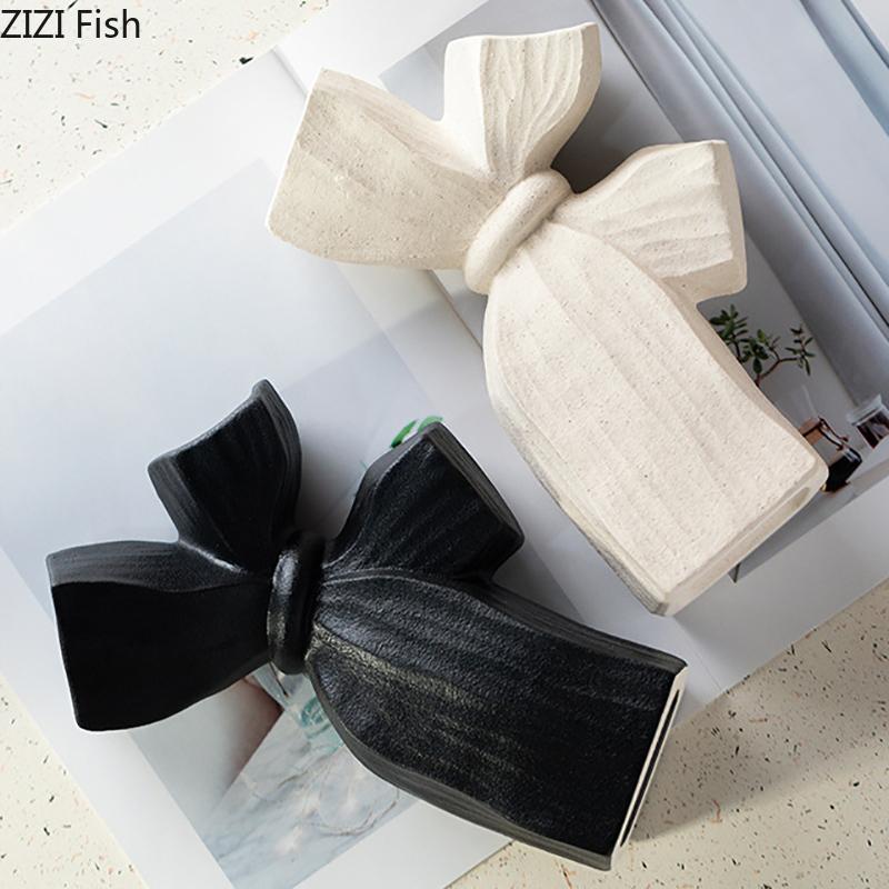 Bowknot Matte Ceramic Vase Table Decoration Creative Artificial Flower Decorative Flowers Arrangement Room Aesthetic Decor