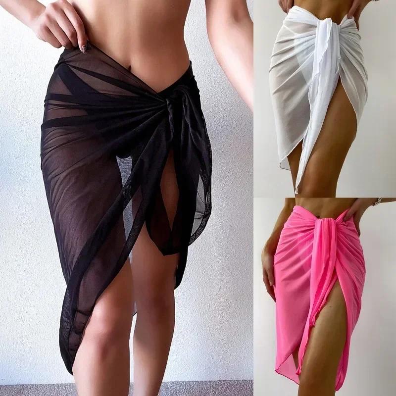 Letnia Sukienka Plażowa Kopertowa Przezroczysta Kopertówka Węzeł w Talii Strój Kąpielowy Cover Up Spódnica Bikini Kopertówki Szalik Stroje Kąpielowe Cover Ups Kobiety Szale do Bikini