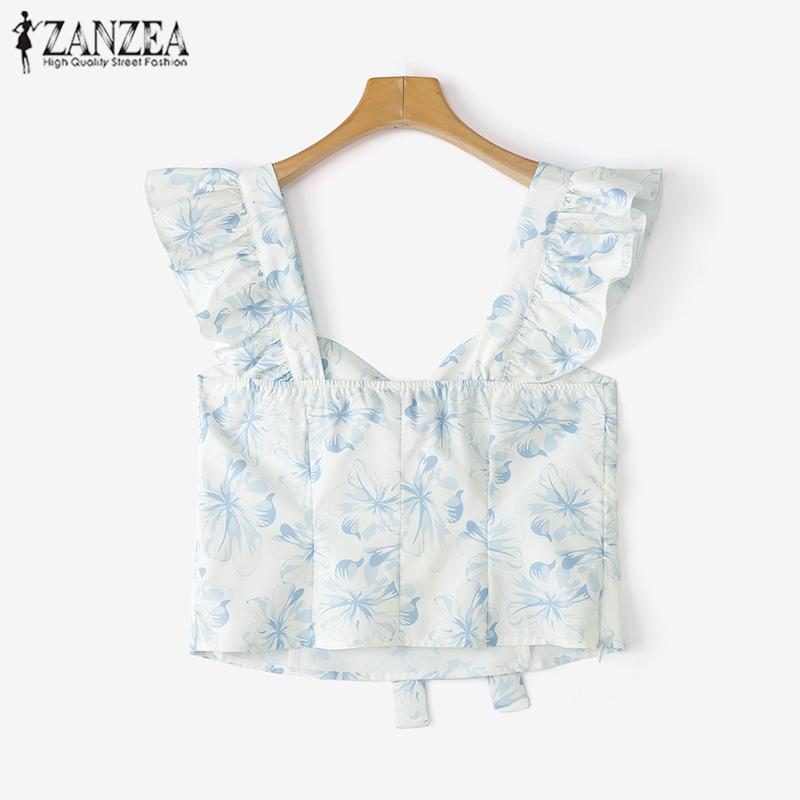 ZANZEA Women Casual Square Neck Summer Sleeveless Print Blouse