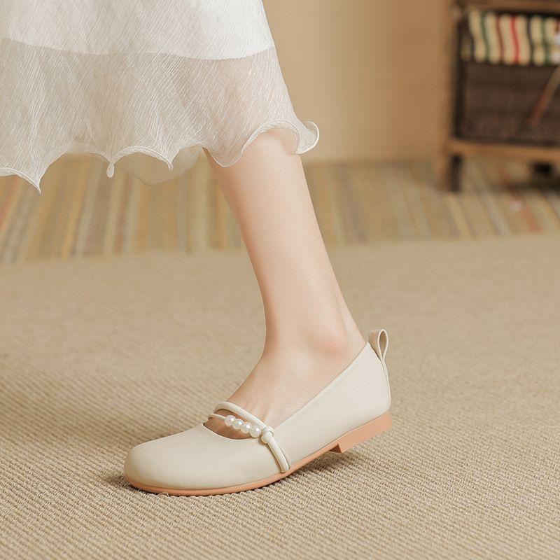 Ladies Footwear Round Toe Low Heel Elegant Pearl Off White Women's Flat Shoes Spring Vacation Summer 2025 Quick Delivery on Sale