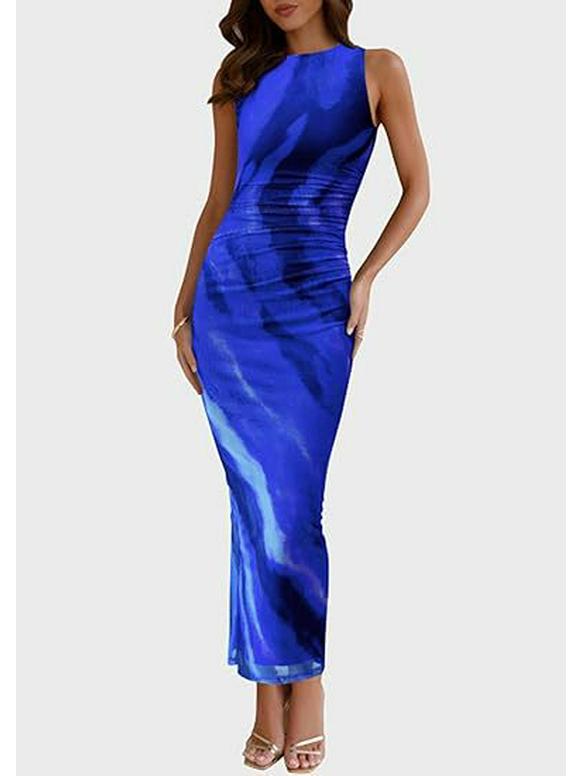 2024 Women's Floral Ruched Mesh Bodycon Dress - Sleeveless, Round Neck