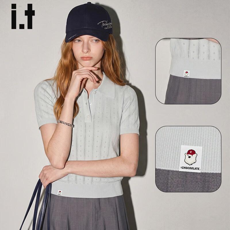 :CHOCOOLATEit Academy Style Lapel Short Sleeve Knit Top XL синий