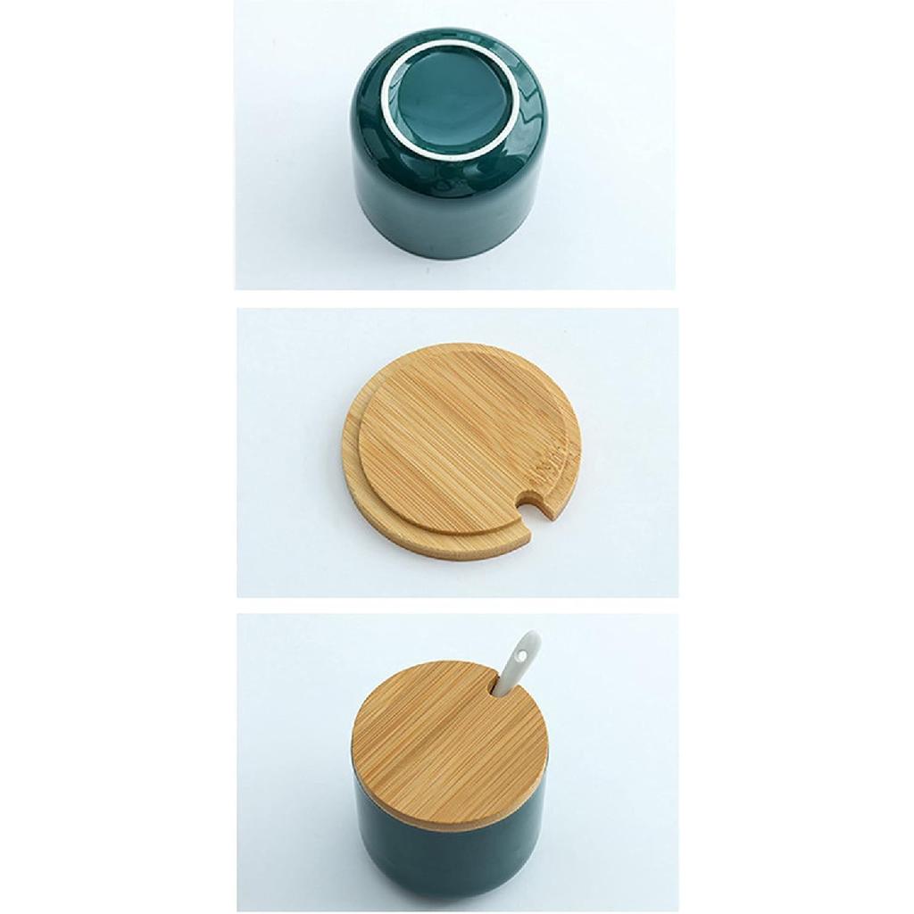 Simple Pure Color Ceramic Spice Jar Seasoning Box Condiment Pot Sugar Bowl with Bamboo Lid and Spoon