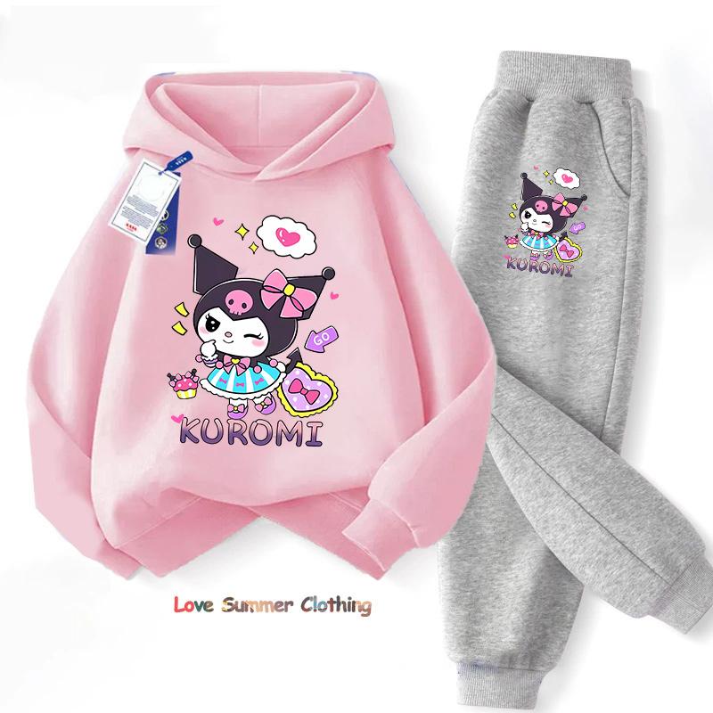 Sanrio Spring Autumn Kuromi Children Clothing Sets Cartoon Kuromi Print Girls Sweatshirt 2pcs Suit Thin Kids Tracksuit