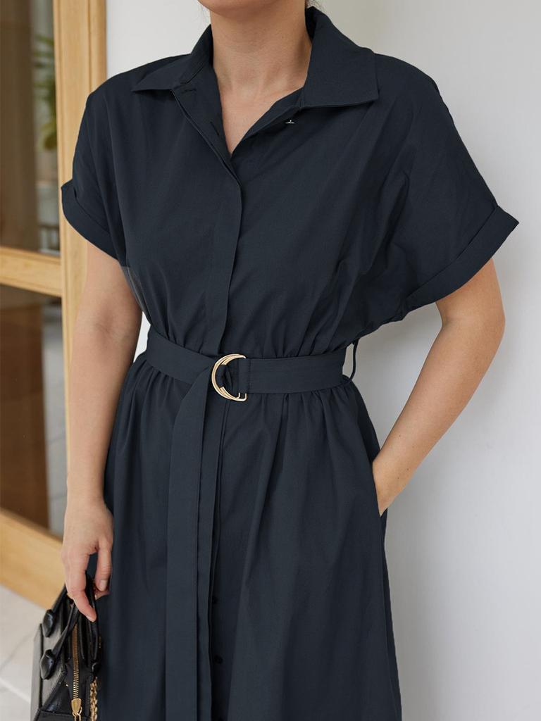 Pure cotton short-sleeved dress European and American summer new single-breasted medium and long dress shirt dress women