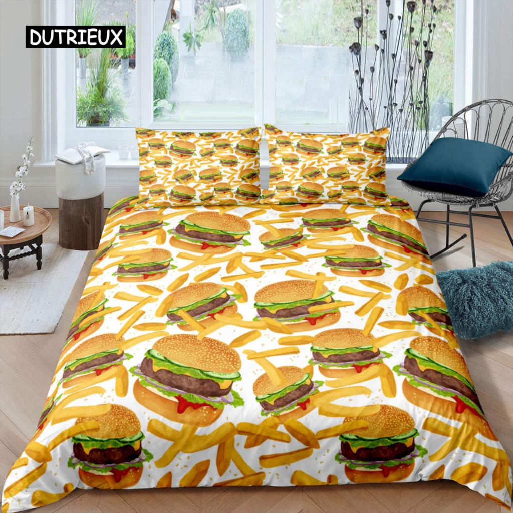 American Fast Food Duvet Cover Set Full Size Polyester Pizza Hotdog Hamburger Print Bedding Set French Fries Cartoon Quilt Cover