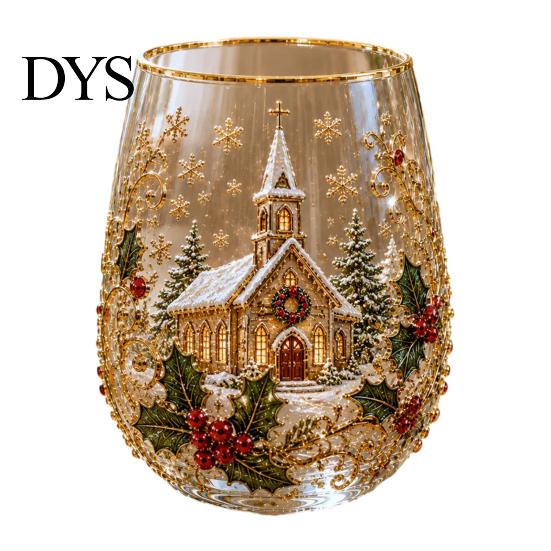 Christmas Themed Water Mug 330ML Glass Cup, Wreath/Santa Claus/Elk/Stockings/Snowman Pattern Holiday Glassware Compact for Breakfast Wine, Coffee,
