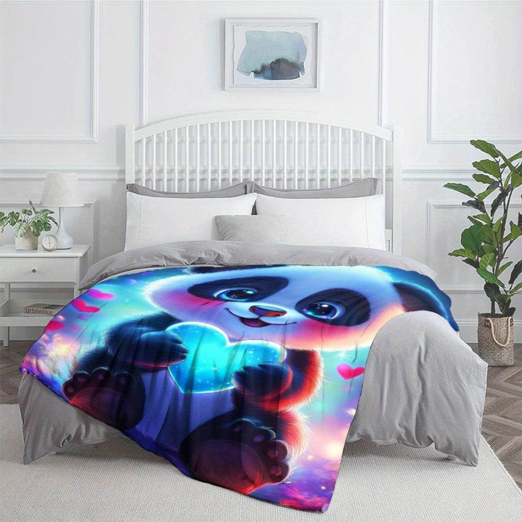 Cute Panda Holding Glowing Heart Fleece Blanket Magical Night Sky Design Soft Flannel Throw Blanket for Kids Bedroom Decor Cozy