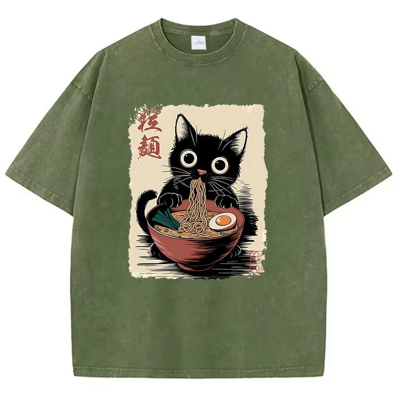 Oversize Japanese Style Ramen Cat T Shirt Vintage Washed Cotton T-Shirt Graphic Tee Casual Streetwear Spring Summer