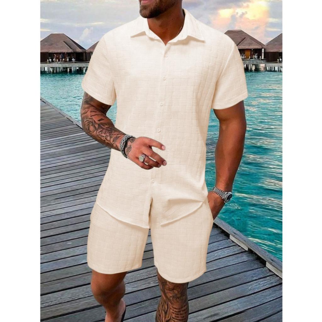 Men's Lightweight Summer Beach Set: Casual Short Sleeved Button Up Shirt and Elastic Waisted Shorts - Polyester Fiber Blend, Beach Casual Clothing