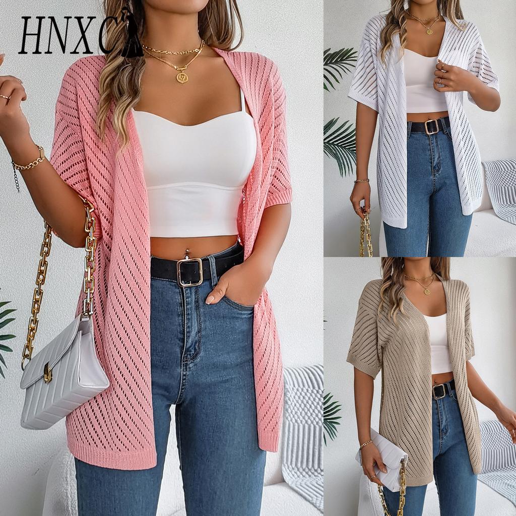 HNXC Summer Hollowed-out Short-sleeved Knitted Cardigan for Vacation Sun Protection Women's Wear