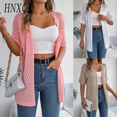 Summer Hollowed-out Short-sleeved Knitted Cardigan for Vacation Sun Protection Women's Wear