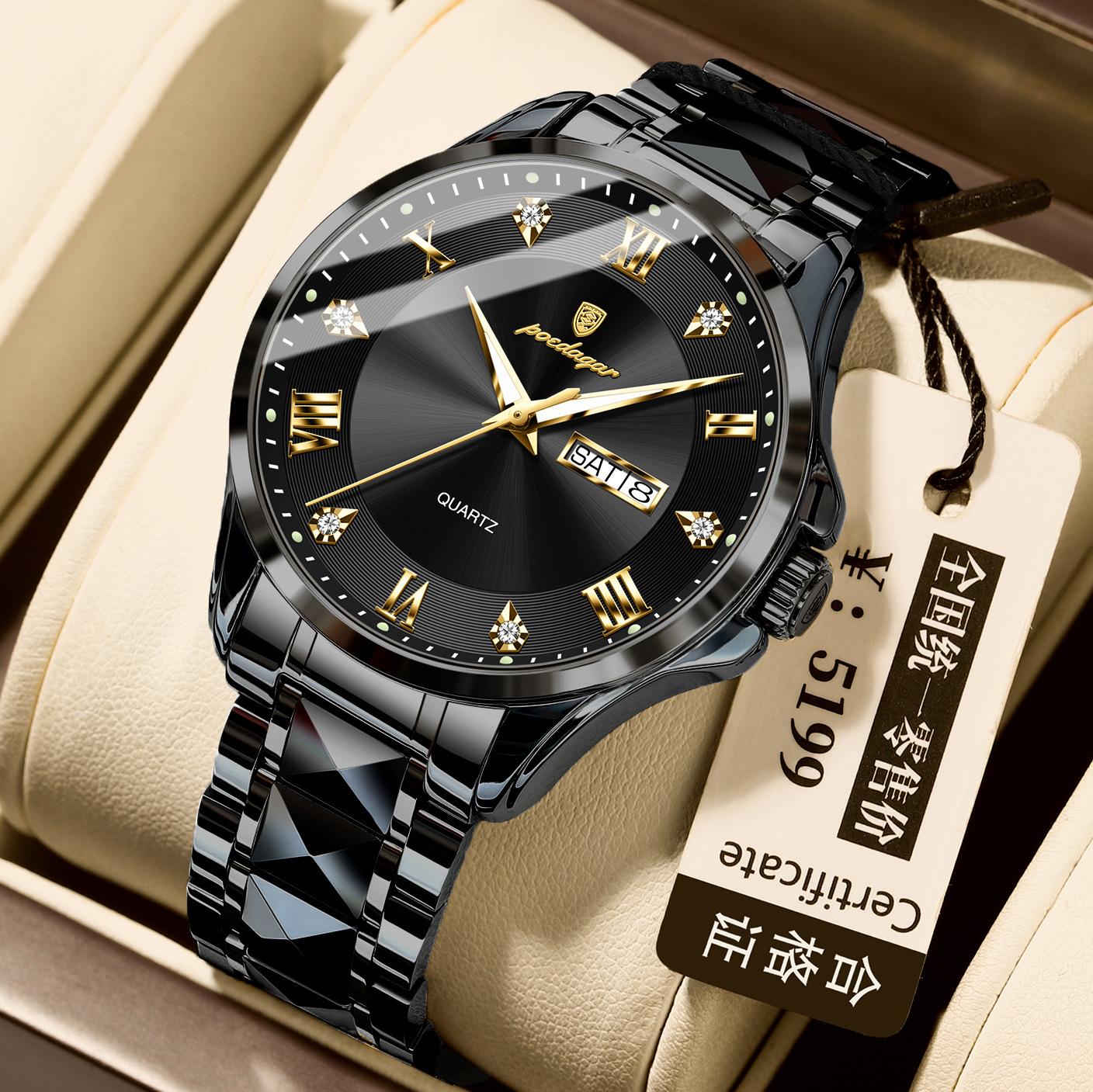 

POEDAGAR Модные мужские наручные часы водонепроницаемые светящиеся дата неделя мужские часы из нержавеющей стали деловые кварцевые мужские часы чёрный