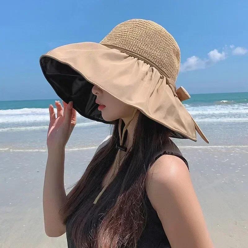 Summer Sun Hat Women's Straw Woven Anti Ultraviolet Sun Visor Hat with Big Brim Seaside Black Glue Breathable Bucket Hat Sun Hat