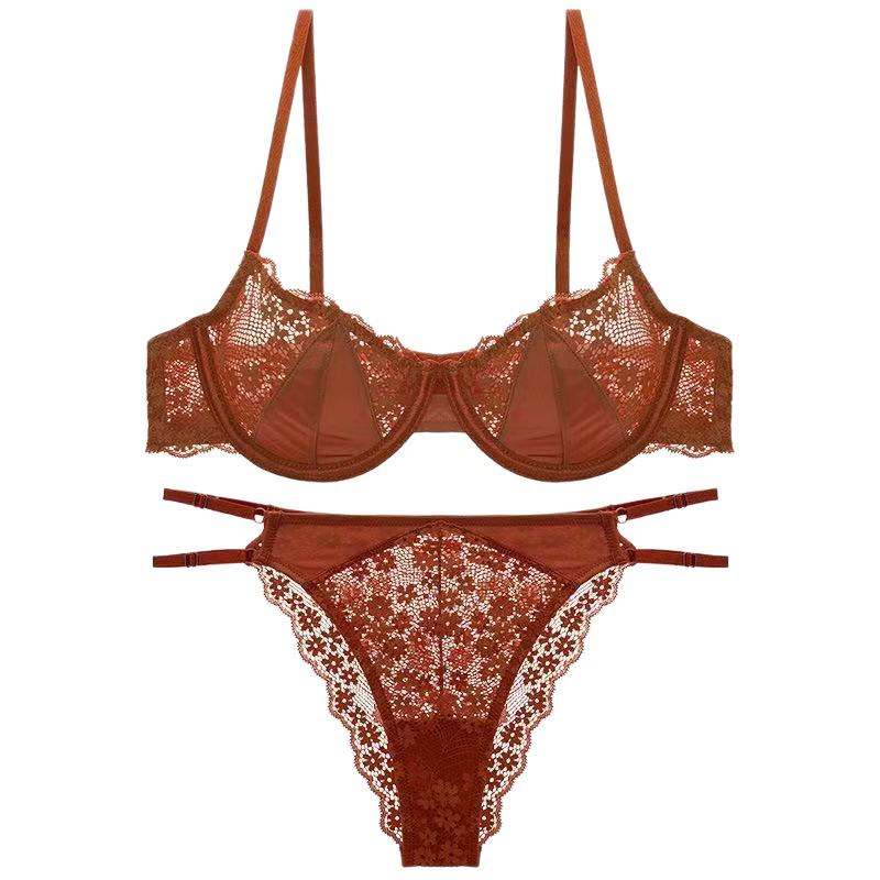 French Lace Half-Cup Bra Set: Ultra-Thin, Sexy Design for Enhanced Pure Desire and Anti-Sagging, Perfect for Big To Small Chest Transition.