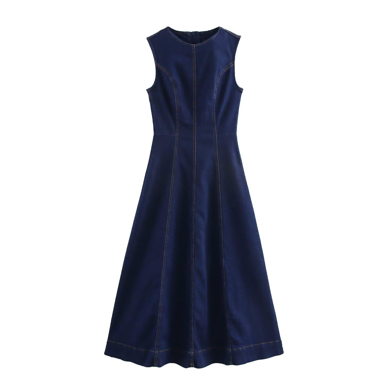 

2025 Spring Women s Sleeveless Slim Fit Round Neck Midi Denim Dress Small