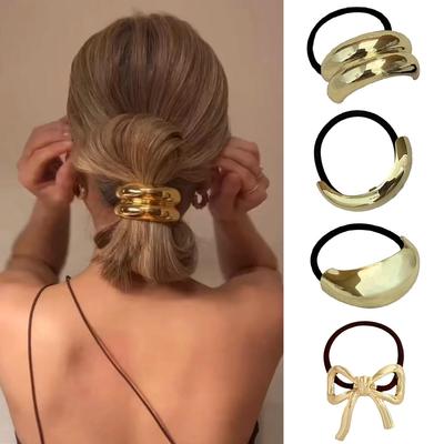 4 ST Metallhårband Geometriska Elastiska Hårspännen Hästsvanshållare, Guld Hårscrunchies, Mode Håraccessoarer för Kvinnor Tjockt