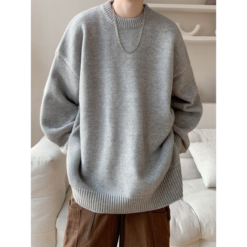 American-Style Lazy Round-Neck Sweater for Men, Winter Trendy Vintage Couple Knitwear, Retro Solid Color Pullover