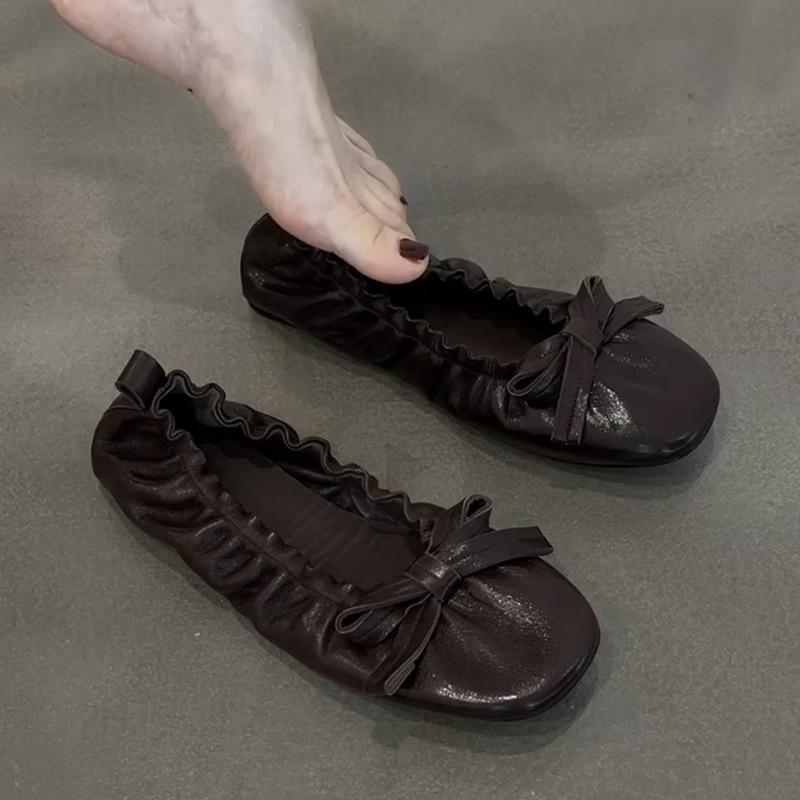 Sheepskin version~ 2025 new retro bow light mouth elastic mouth flat sole shoes women's round head ballet shoes