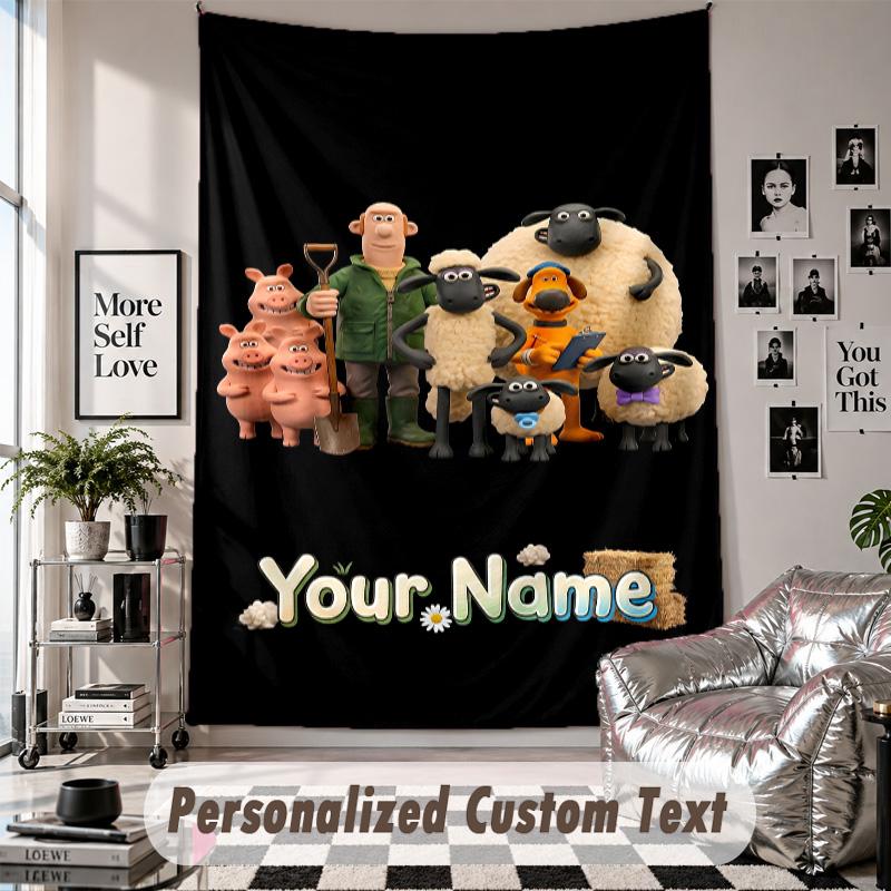 Wall Hanging Tapestry With Custom Name & Text, Shaun the Sheep Decorative Tapestry For Bedroom