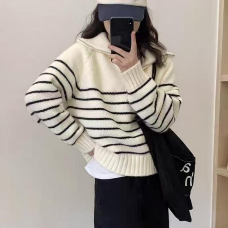 New Loose Casual Knitted Pullover Striped Women Sweater Autumn/Winter Half Zipper Fashion Korean Long Sleeve Short Top Office Knitwear Simple Clothing