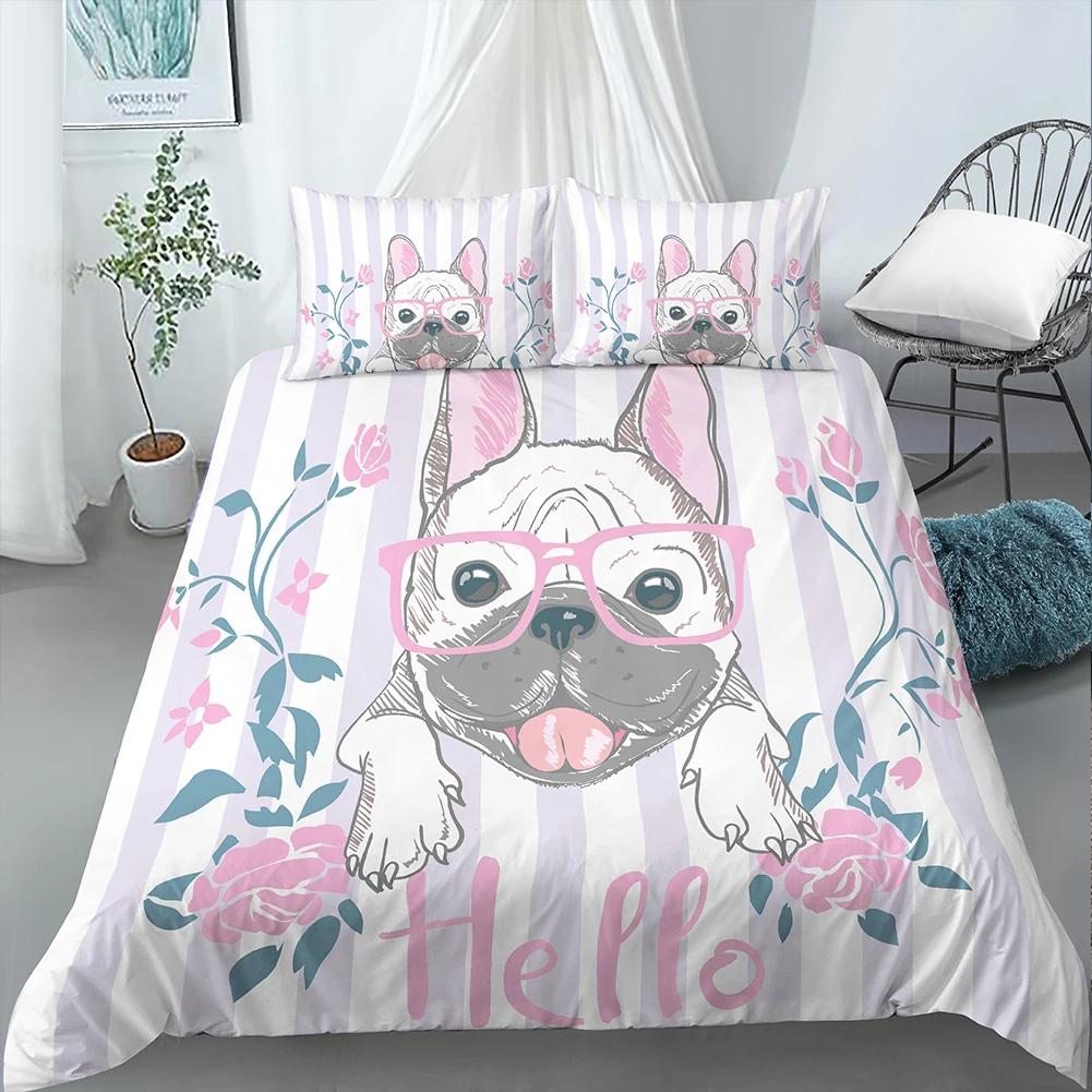 3Piece Dog Lover Art Duvet Cover French Bulldog Portrait With Hipster Glasses Abstract Modern Colorful Ears And Eyes Decorative