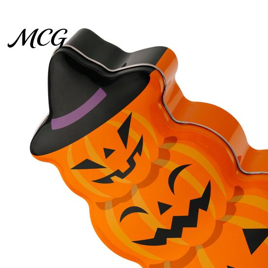 Candy Jar with Secure Lid Halloween Pumpkin Tin Box, Stacked Shaped Metal Treat Container Storage Lid, Orange Tinplate Case for Trick or Party Favors
