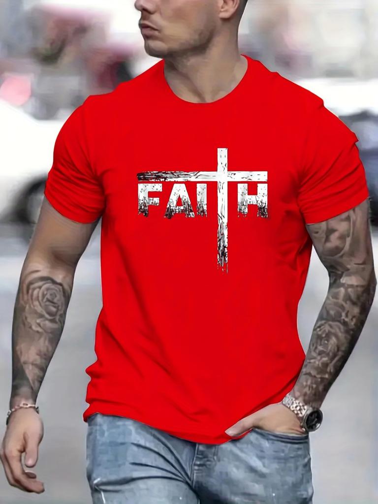 Men's Summer 3D Printed Men's T-shirt Faith Print Loose Large Casual Round Neck Short Sleeve T-shirt