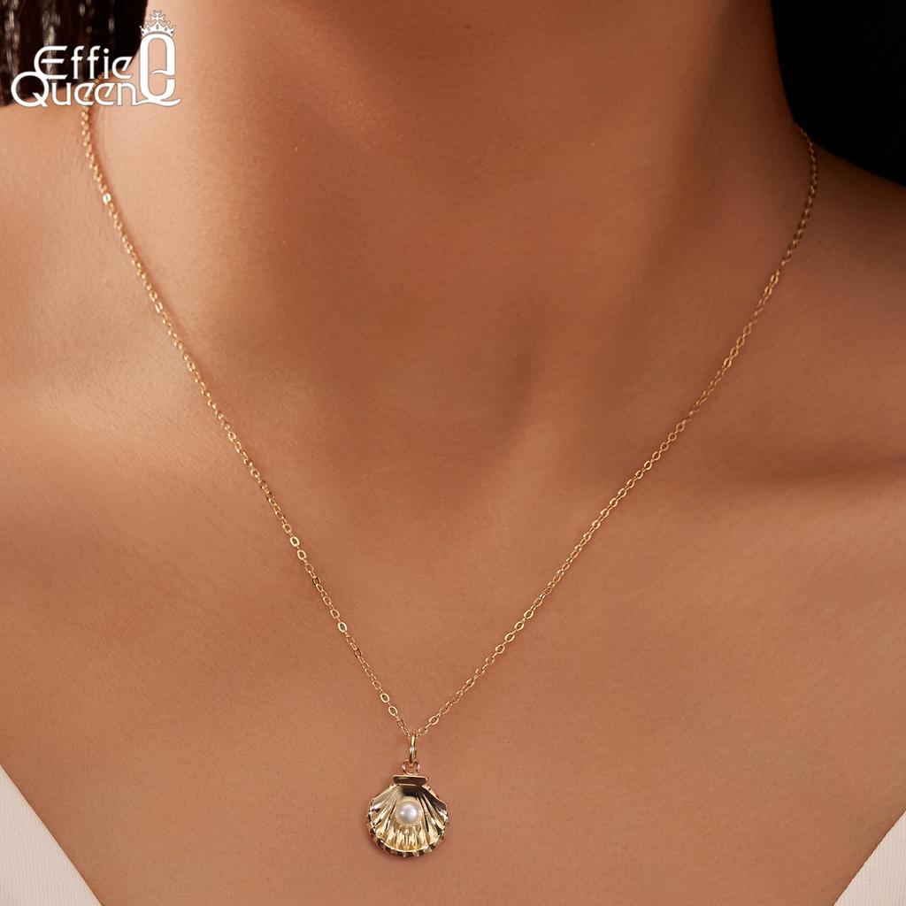 EFFIE QUEEN Summer Ocean Shell Pendant Clavicle Chain 925 Sterling Silver Freshwater Pearl Necklace Women Unique Jewelry SGPN81