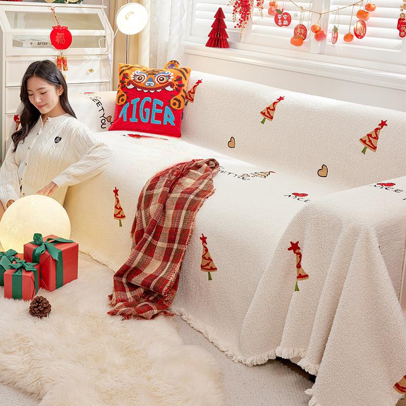 Winter Plush Sofa Cover Cloth Ins Style Cream Style Non-Slip Sofa Blanket High Sense Full Covered Christmas Sofa Towel