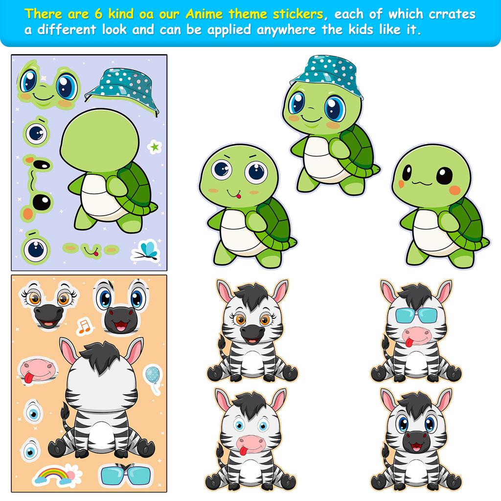 6/12sheets Cartoon Animals Make A Facial Puzzle Stickers Adorable Elephant Tiger Turtle Assemble Jigsaw Stickers Children Instructive Playthings