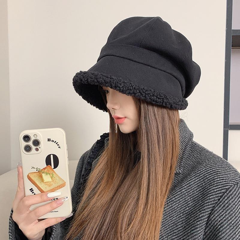 Beret Female Autumn and Winter Thickened Warm Plush Star Anise Painter Hat Versatile Big Head Circumference Show Face Small Bucket Hat