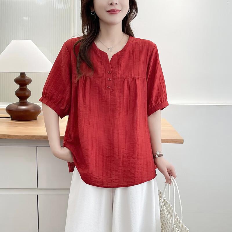 Women's Loose Ice Silk V-Neck Pleated Short Sleeve Top