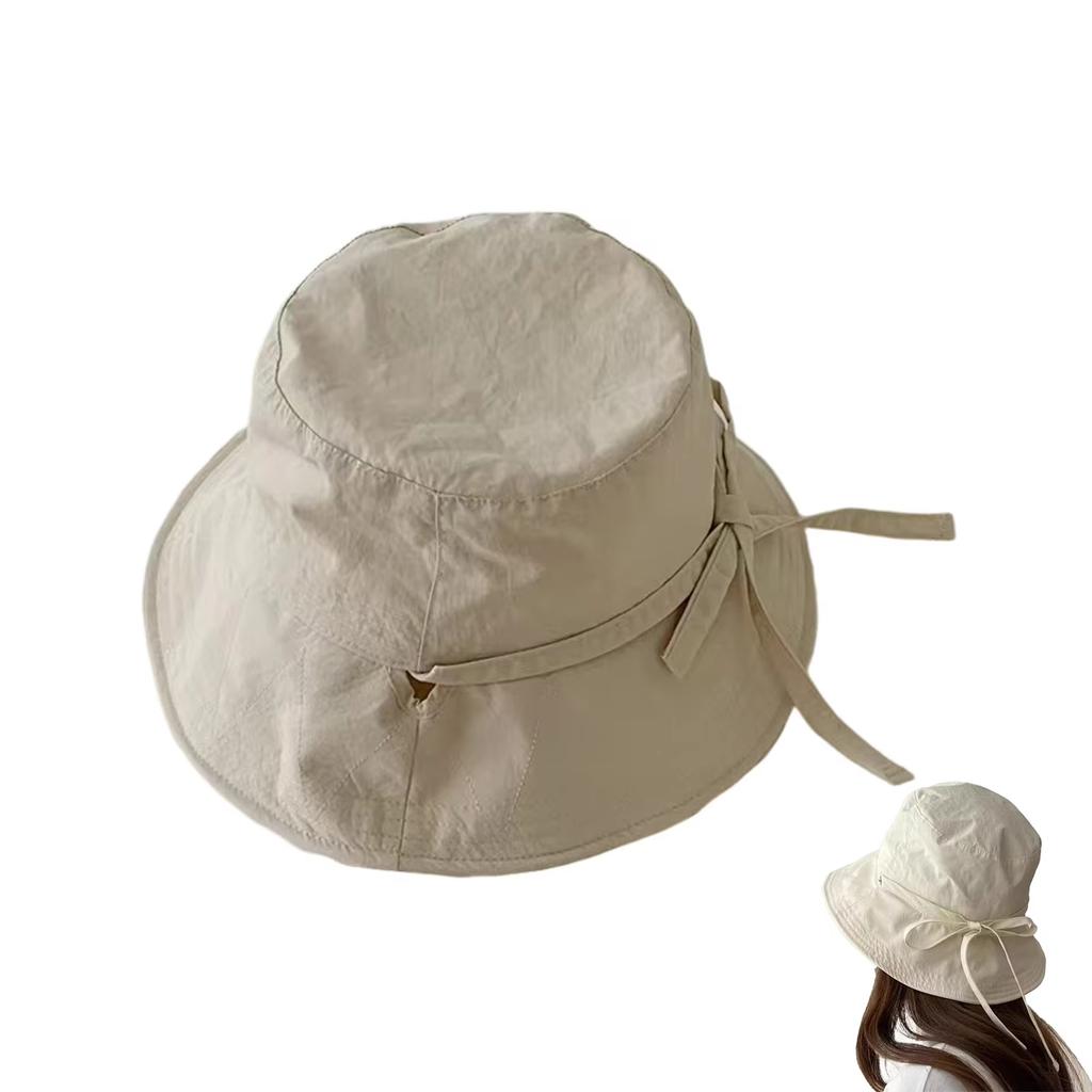 Soft Cotton Solid Women's Drawstring Sun Protection Wide-brim Fisherman Hat, Summer Wide-brim Beach Travel Bucket Hat