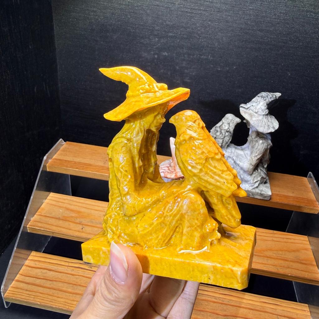 10cm Hand Carved Natural Jade Crystal Witch Statue with Raven for Christmas Decor