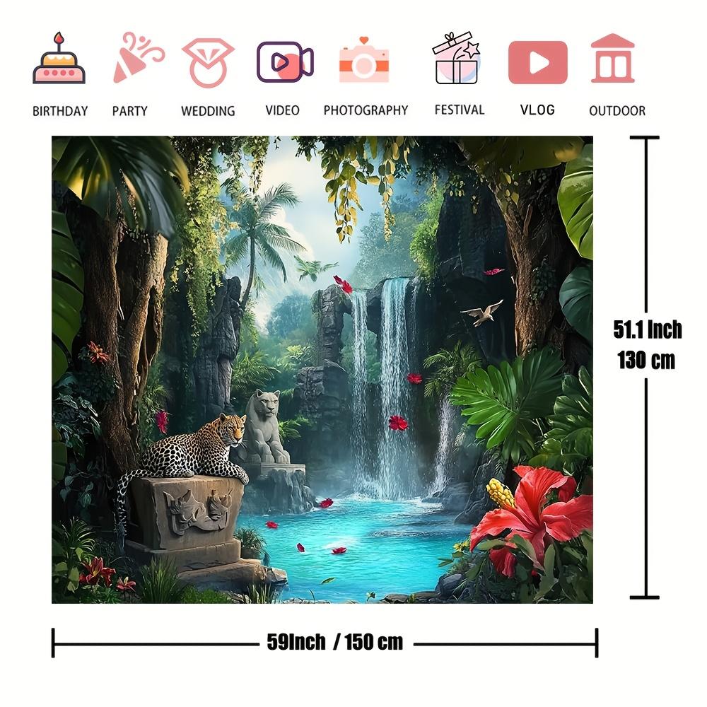 1pc Dreamy Forest Mural with Leopards, Polyester Fiber, Jungle Waterfall Scenery, Living Room and Bedroom Decoration