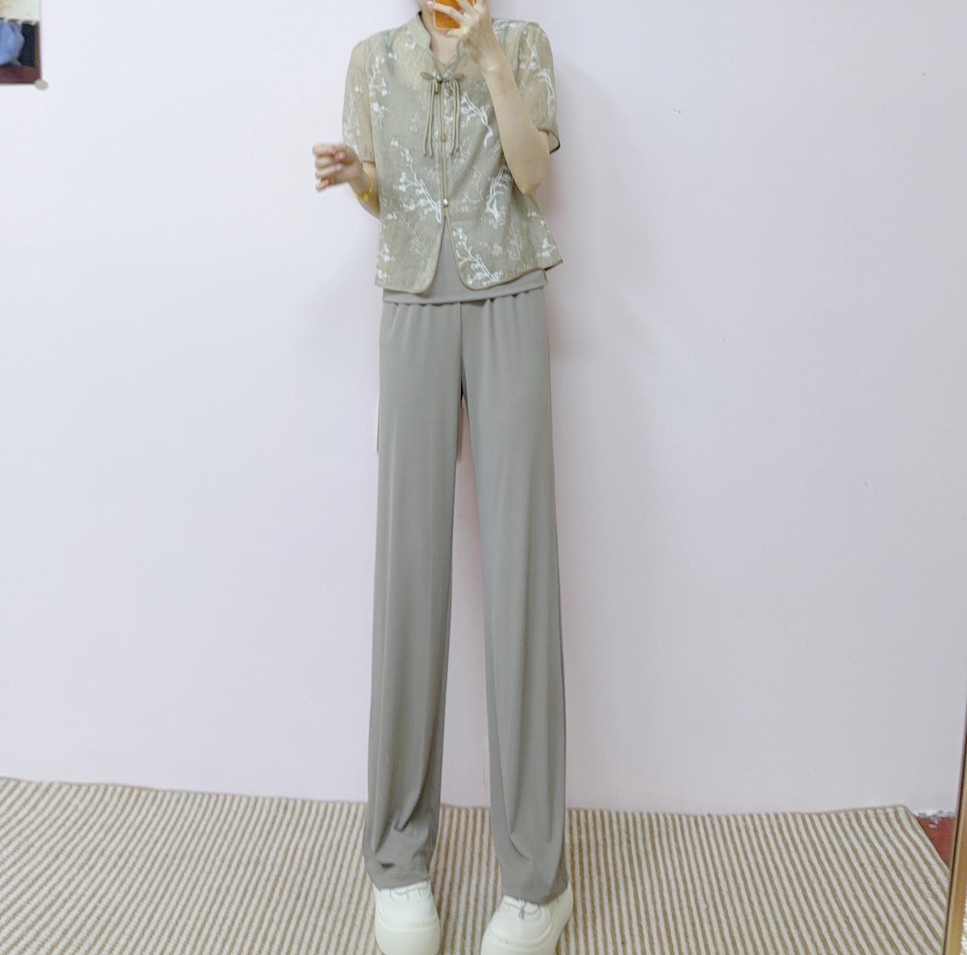 

2026 Summer Camisole, Chinese-Style Cardigan, and Straight-Leg Pants Set XXLarge (128-140 lbs) хакі