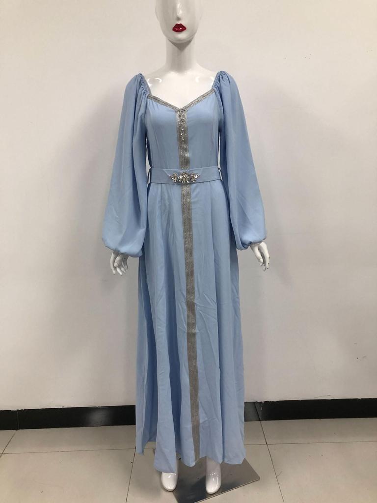 Elegant High-Waist Studded Dress for Middle Eastern Muslim Women - Summer/Autumn Fashion