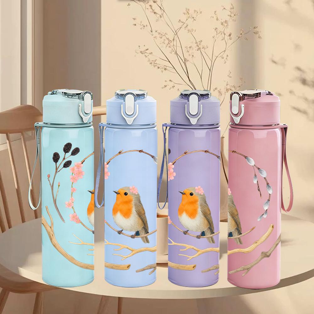 1PZ Ghirlanda Uccello Pettirosso su Ramo 750ml Colore Plastica Borraccia Sportiva Anti-perdita Tappo a Flip con Cannuccia Adatto per Sport Ufficio Uso Domestico